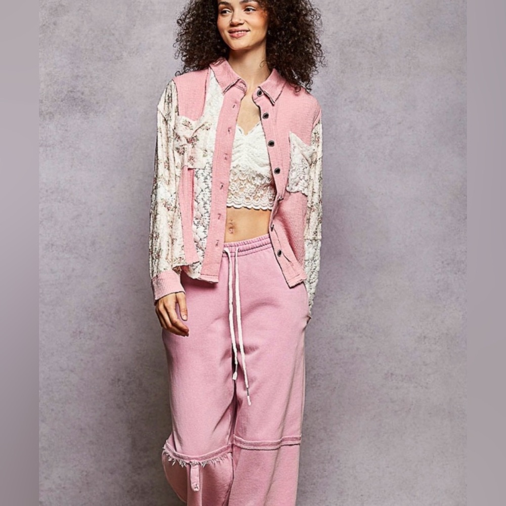 H175 New POL S pp24 Pink and Cream Patchwork detail Lace Button-Up Jacket Top - Picture 5 of 16